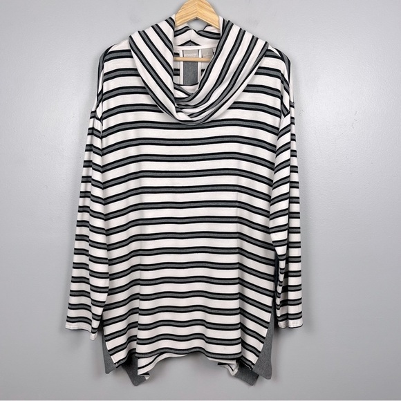 Chico’s gray & white stripe cowl neck side slit tunic top, size 2 = 12/14. - Picture 1 of 7